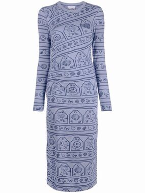 GANNI Zodiac Logo Print Stretch Midi Dress | Celestial Blue | Jersey | Size L